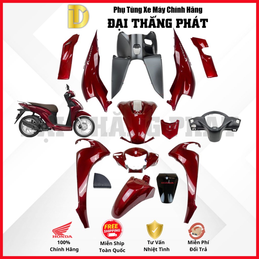 (Có bán lẻ) Dàn áo Vision 110cc (2023) K2C màu Đỏ đậm R368 phiên bản cao cấp chính hãng Honda