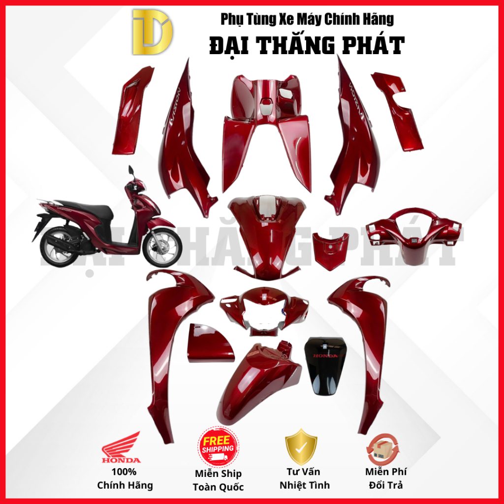 (Có bán lẻ) Dàn áo Vision 110cc (2021) K2C phiên bản Cao Cấp-R350C- Đỏ Nâu Đen chính hãng Honda